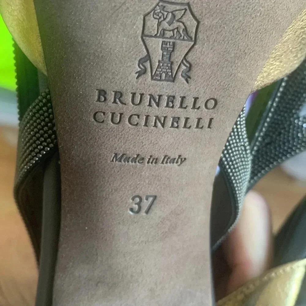 NWOT BRUNELLO CUCINELLI gold leather 4 inch heel pumps w/ signature beads sz 37 - Picture 8 of 8